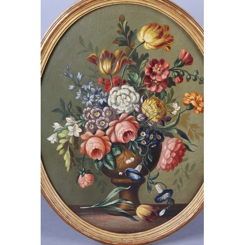 420 - HENRY FARMER (XX), Still life of flowers held in a pedestal vase in the Dutch manner, oil on board, ... 