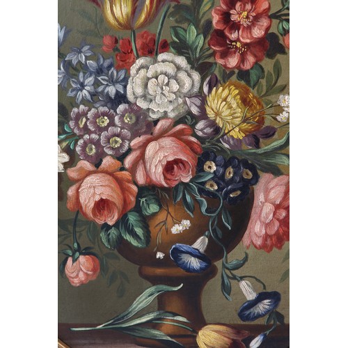 420 - HENRY FARMER (XX), Still life of flowers held in a pedestal vase in the Dutch manner, oil on board, ... 