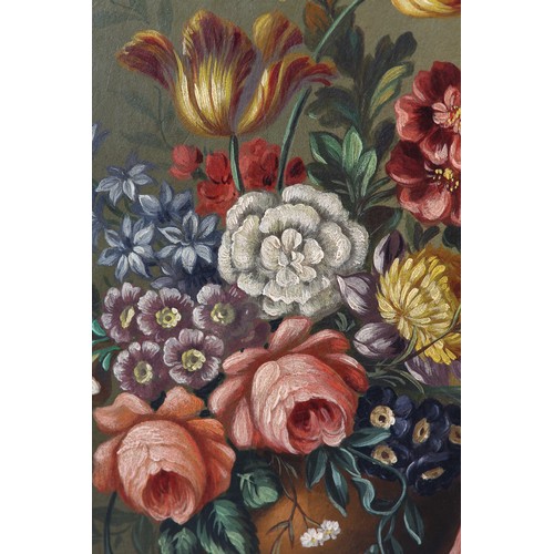 420 - HENRY FARMER (XX), Still life of flowers held in a pedestal vase in the Dutch manner, oil on board, ... 