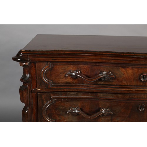 449 - A 19TH CENTURY CONTINENTAL WALNUT CHEST OF DRAWERS, serpentine outline having four long graduated dr... 