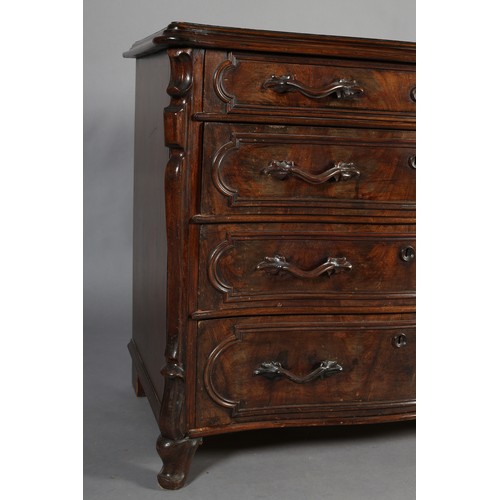 449 - A 19TH CENTURY CONTINENTAL WALNUT CHEST OF DRAWERS, serpentine outline having four long graduated dr... 