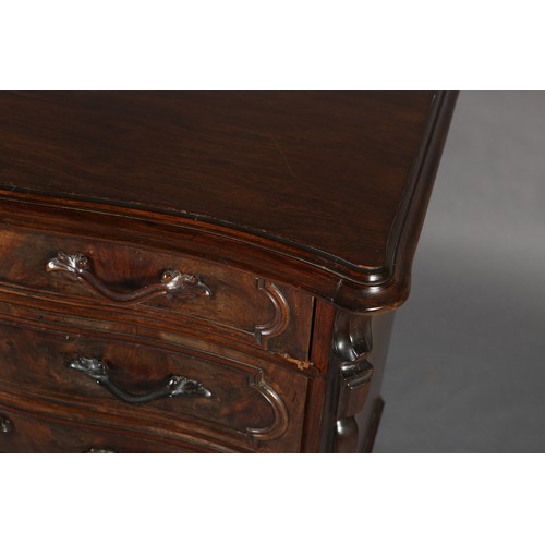 449 - A 19TH CENTURY CONTINENTAL WALNUT CHEST OF DRAWERS, serpentine outline having four long graduated dr... 