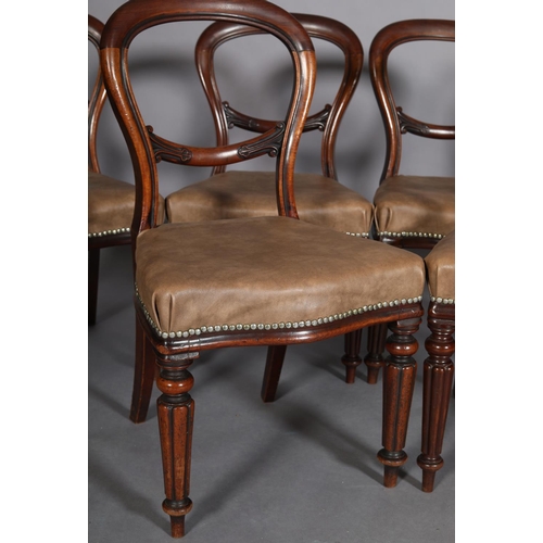 456 - A SET OF SIX MID VICTORIAN MAHOGANY BALLOON BACK DINING CHAIRS, hide-effect upholstered seats on ree... 