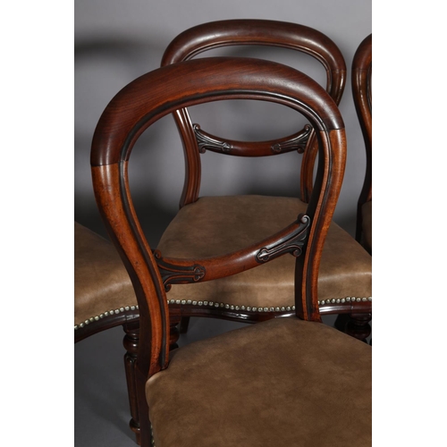 456 - A SET OF SIX MID VICTORIAN MAHOGANY BALLOON BACK DINING CHAIRS, hide-effect upholstered seats on ree... 