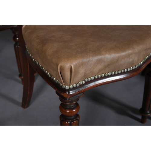 456 - A SET OF SIX MID VICTORIAN MAHOGANY BALLOON BACK DINING CHAIRS, hide-effect upholstered seats on ree... 