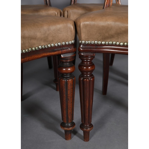 456 - A SET OF SIX MID VICTORIAN MAHOGANY BALLOON BACK DINING CHAIRS, hide-effect upholstered seats on ree... 