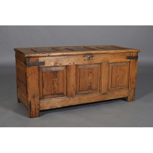 467 - AN 18TH CENTURY PINE JOINED CHEST having a triple field panel top and conforming front, on stile leg... 