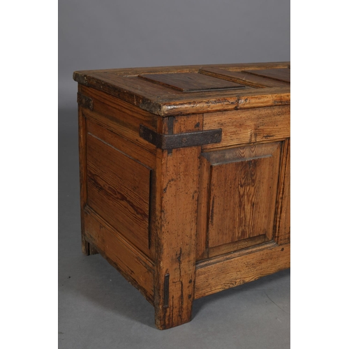 467 - AN 18TH CENTURY PINE JOINED CHEST having a triple field panel top and conforming front, on stile leg... 