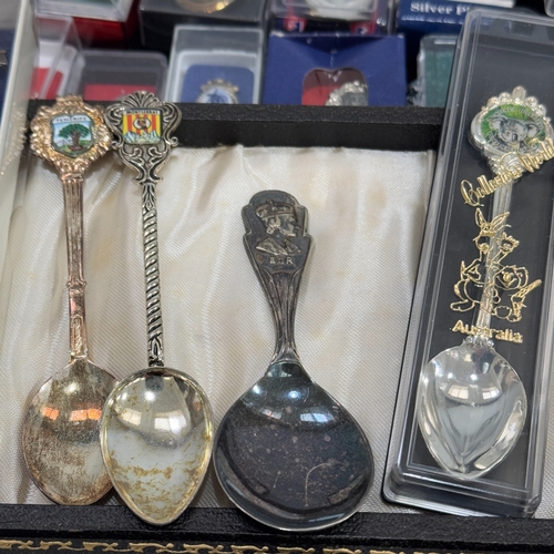 245 - A collection of commemorative souvenir spoons, two cups, EPNS cake knives, carving set and butter kn... 