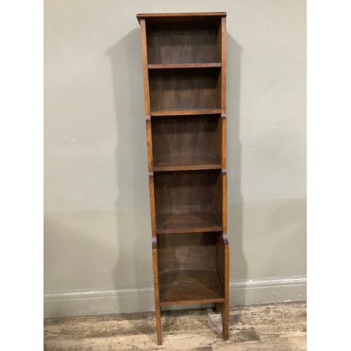 389 - An oak waterfall bookcase, five height on bracket feet, adapted to fit in alcove, 36cm wide x 153cm ... 