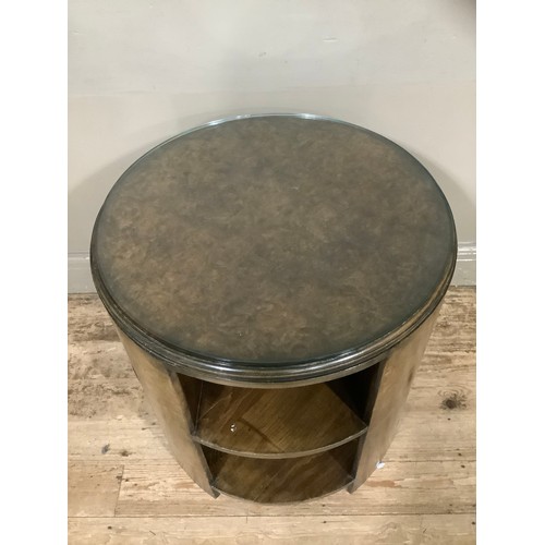 460 - A circular 1920s walnut occasional table with shelves, 60cm x 62cm high