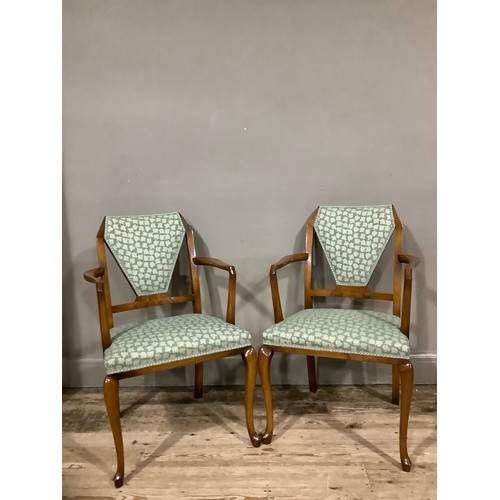 462 - A pair of deco walnut armchairs with green upholstered seats, on cabriole legs