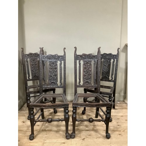 466 - Arts and crafts style oak high backed dining chairs with floral decoration