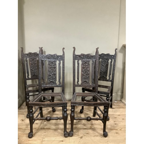 466 - Arts and crafts style oak high backed dining chairs with floral decoration