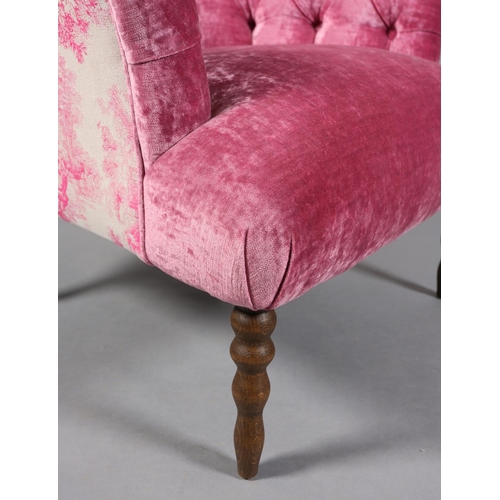 37 - A John Sankey buttoned back pink velvet and etoile upholstered tub chair on turned legs