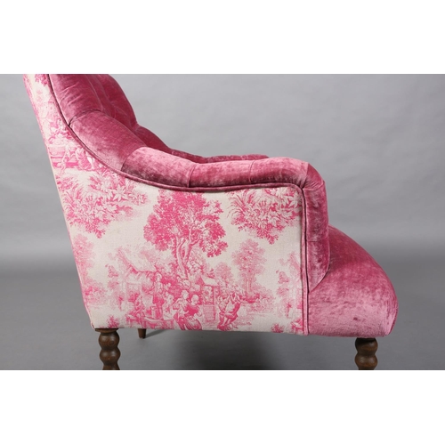 37 - A John Sankey buttoned back pink velvet and etoile upholstered tub chair on turned legs