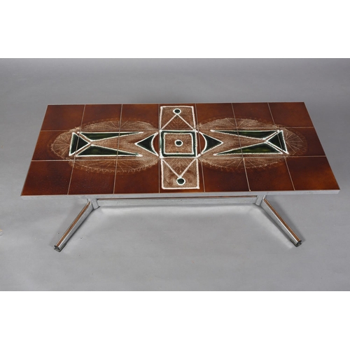 48 - A tile top chrome coffee table, rectangular, on twin pedestal, refectory legs with fin feet, 96cm wi... 