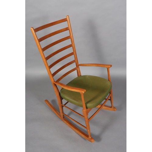 119B - A polished beech ladder back rocking chair with upholstered seat