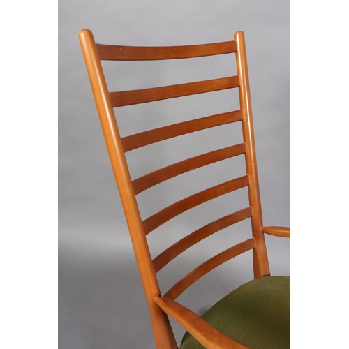 119B - A polished beech ladder back rocking chair with upholstered seat