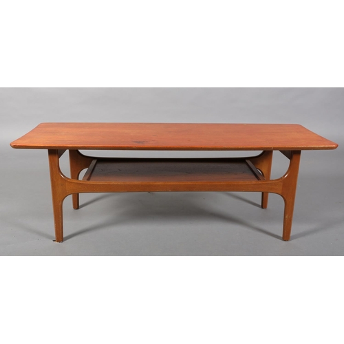 135 - A teak coffee table, c1970s, in the manner of Richard Hornby, rectangular and tapered with undertier... 