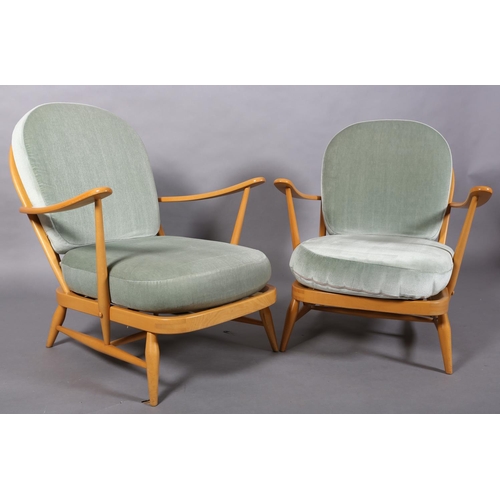 32 - A pair of Ercol Windsor beech armchairs, model 203 with loose back and seat cushions, (Please note: ... 