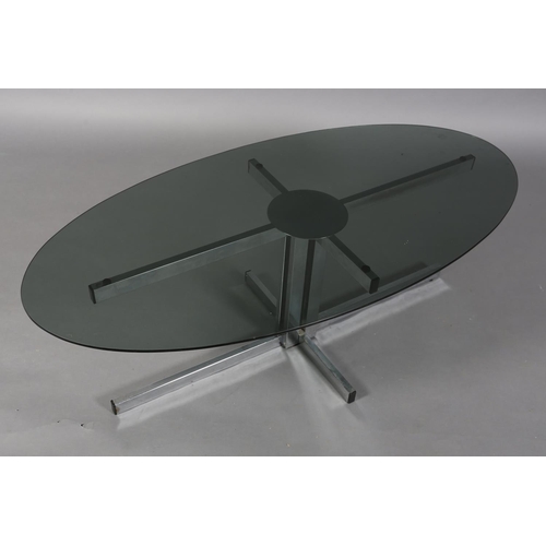 27 - A Pieff chrome and smoked glass coffee table, of oval outline on cross-form legs, 122cm long x 61cm ... 