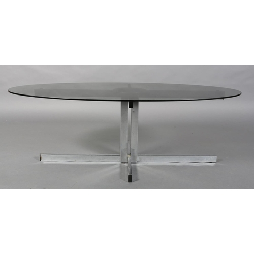 27 - A Pieff chrome and smoked glass coffee table, of oval outline on cross-form legs, 122cm long x 61cm ... 