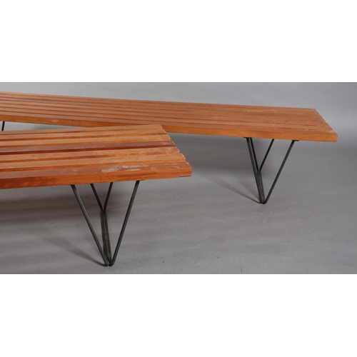 2 - Robin Day (1915-2010) for Hille's Interplan Range c.1955, mahogany slatted bench on black metal rod ... 