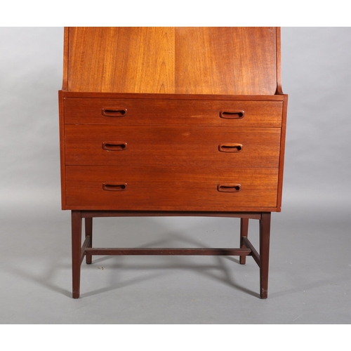 54 - A Danish teak bureau, c1970s, fall front, fitted interior, over three graduated drawers, on tapered ... 