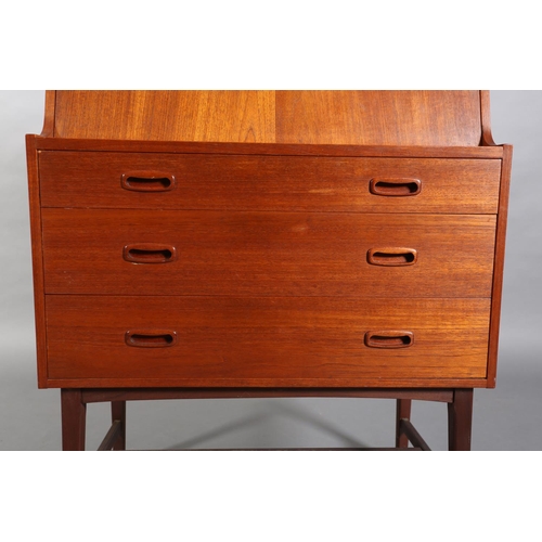 54 - A Danish teak bureau, c1970s, fall front, fitted interior, over three graduated drawers, on tapered ... 