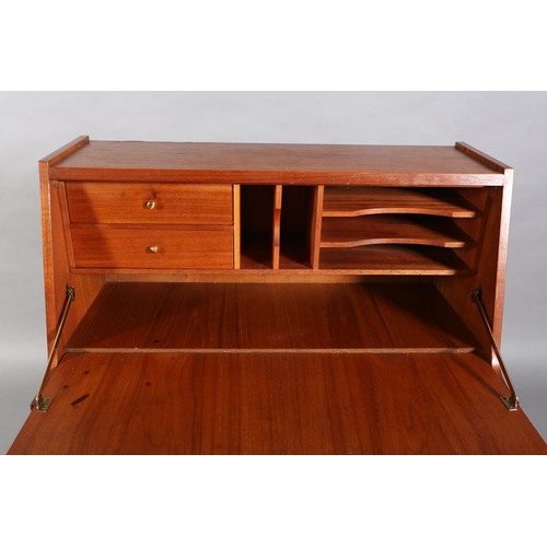 54 - A Danish teak bureau, c1970s, fall front, fitted interior, over three graduated drawers, on tapered ... 