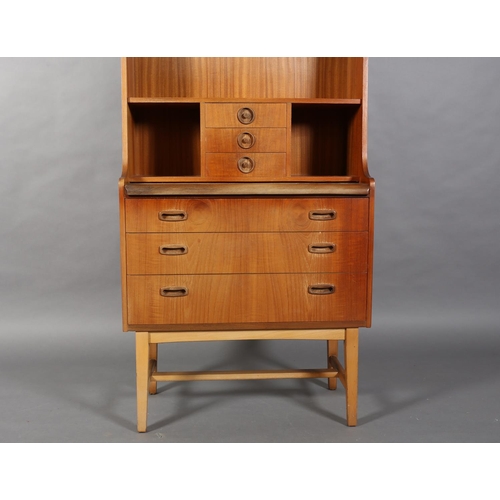 71 - A G Plan teak bureau-bookcase, open shelves and three small drawers with recessed circular handles, ... 