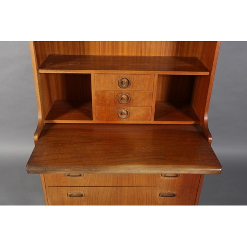 71 - A G Plan teak bureau-bookcase, open shelves and three small drawers with recessed circular handles, ... 