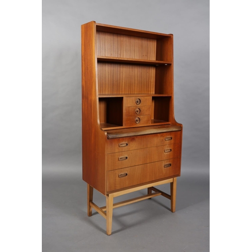 71 - A G Plan teak bureau-bookcase, open shelves and three small drawers with recessed circular handles, ... 