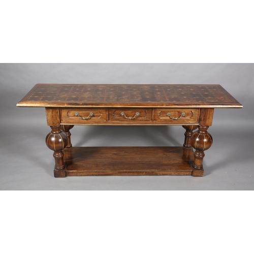 131 - An Italian hardwood hall or serving table, rectangular, having three drawers to the apron with brass... 