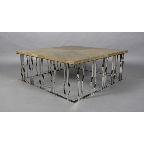 146 - A pale olive green maple finish and chrome coffee table of square outline, 110cm square x 42cm high