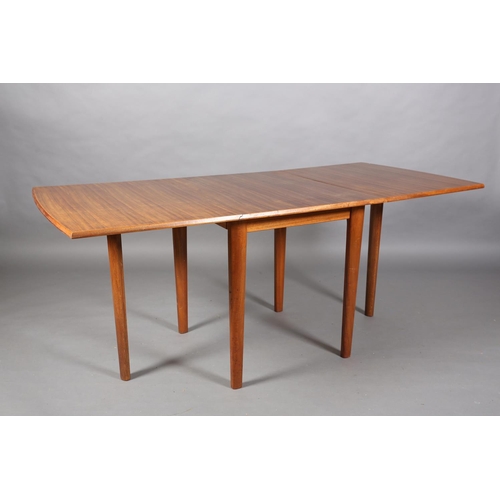 132 - Morris of Glasgow, a teak drop leaf dining table, rectangular, on tapered legs, 184cm x 84cm open, 6... 