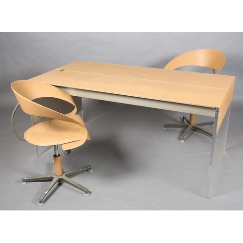 133 - An Italian pale butterscotch leather and perspex desk and pair of matching swivel chairs desk, 161cm... 