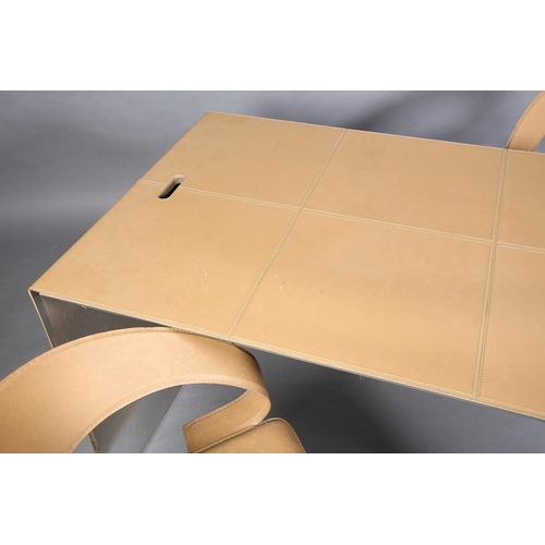 133 - An Italian pale butterscotch leather and perspex desk and pair of matching swivel chairs desk, 161cm... 