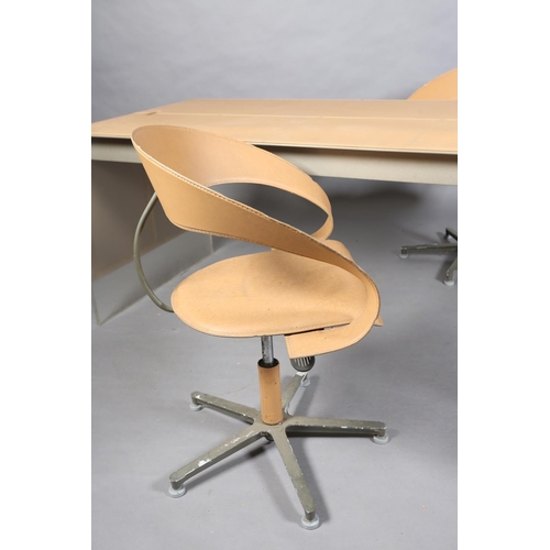 133 - An Italian pale butterscotch leather and perspex desk and pair of matching swivel chairs desk, 161cm... 