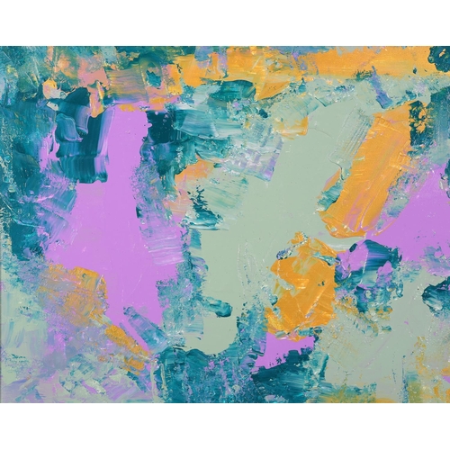 116 - Ben Frais, 20th century, Abstract in greens, yellow and mauve, oil on board, signed verso, 39cm x 49... 