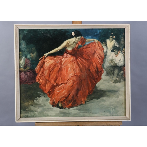 166 - F R S Clements 'The Red Skirt', a vintage colour print of a Flamenco dancer in red gown, c1950s, 49.... 