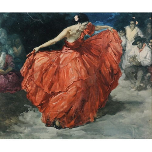 166 - F R S Clements 'The Red Skirt', a vintage colour print of a Flamenco dancer in red gown, c1950s, 49.... 