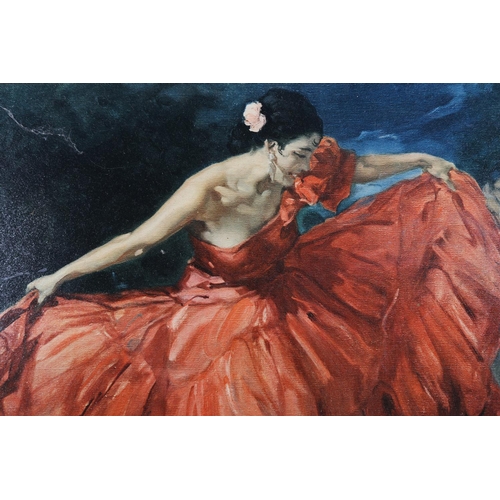 166 - F R S Clements 'The Red Skirt', a vintage colour print of a Flamenco dancer in red gown, c1950s, 49.... 