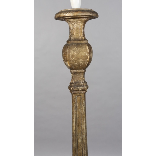 138 - A silvered wood baroque style standard lamp on three scroll feet, 152cm without fittings