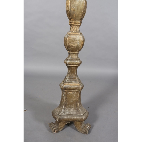 138 - A silvered wood baroque style standard lamp on three scroll feet, 152cm without fittings