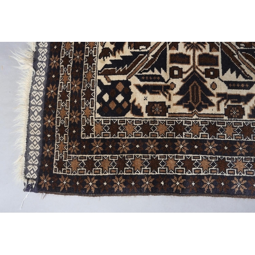 155 - A Caucasian rug, the ivory field with alternating panels of stylised plant forms in brown, camel and... 