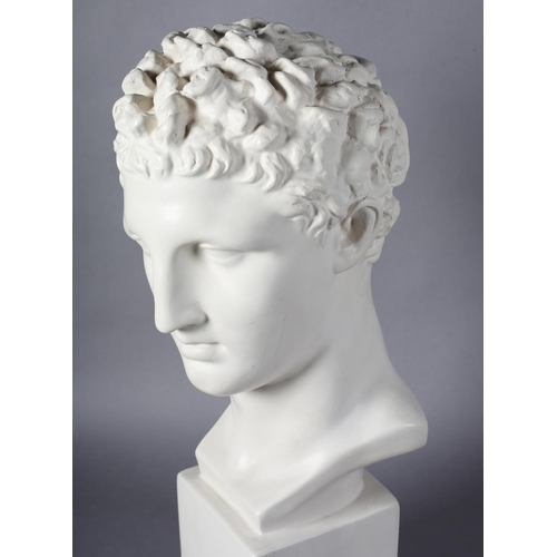 172 - A ceramic classical bust of a Greek male, on square plinth, 61cm high