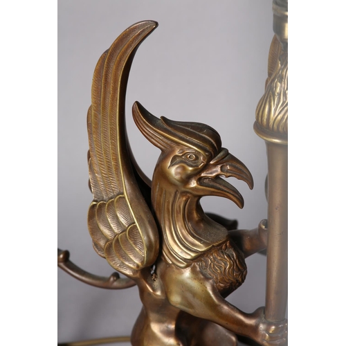 174 - A pair of bronze-effect griffin and torchere table lamps, 41.5cm high including fitting