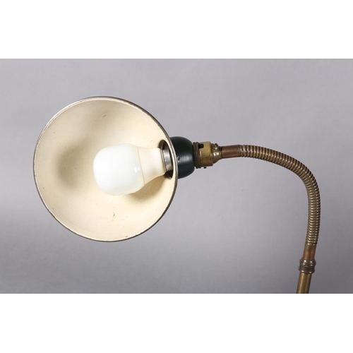 42 - A 1930s desk lamp, with green enamelled cup-shape shade, on adjustable goose neck column on domed ci... 